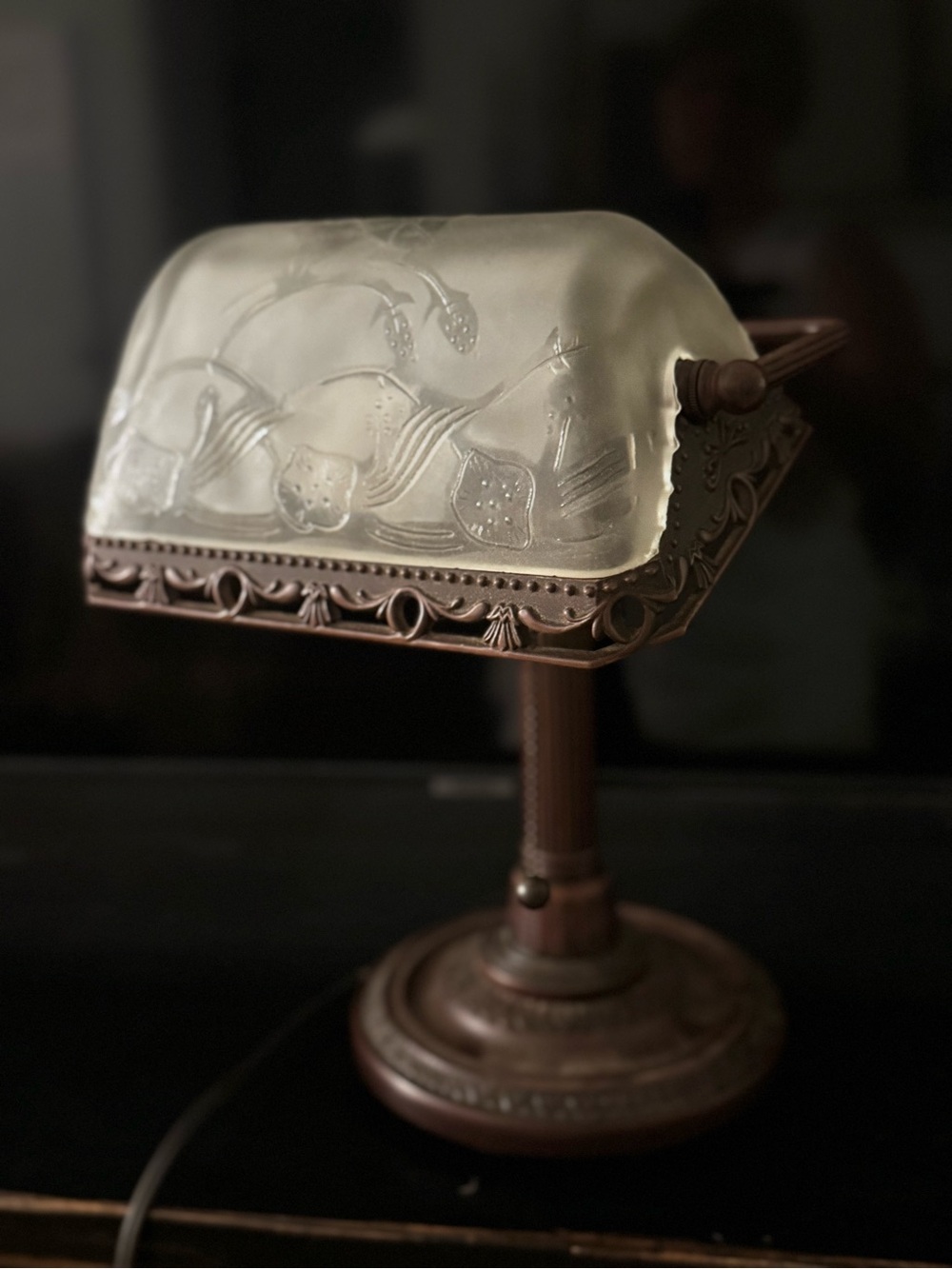 Antique Bronze Art Deco Table Lamp – Satin Glass Globe, Vintage Light /